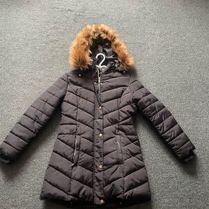 Women's Black Quilted Jacket with Faux Fur Hood